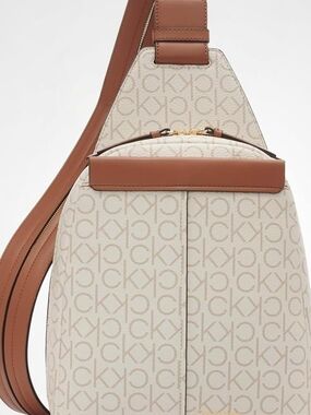 Calvin Klein Cream Monogram Crossbody with Brown Leather Trim